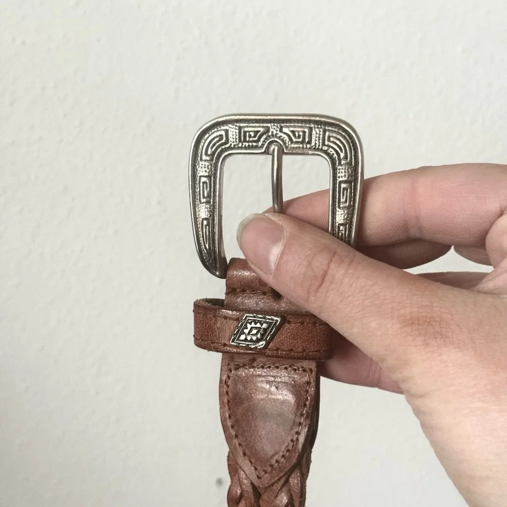 Vintage 1990s Braided Leather Belt with Silver Buckle and details